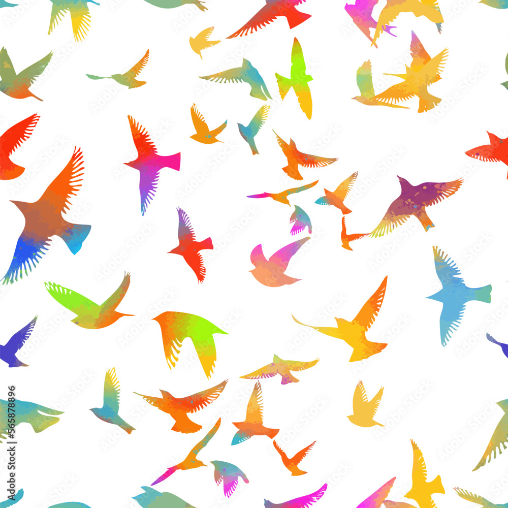 Abstract colored flying birds. Mixed media. Seamless pattern of bird flocks . Vector illustration