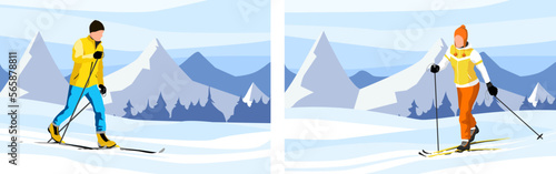 Set of skiers in snowy mountains. Winter sports activities on skis in country cross. Ski resort landscape with Alps rocks on background. Man and woman healthy and sporty lifestyle. Vector illustration