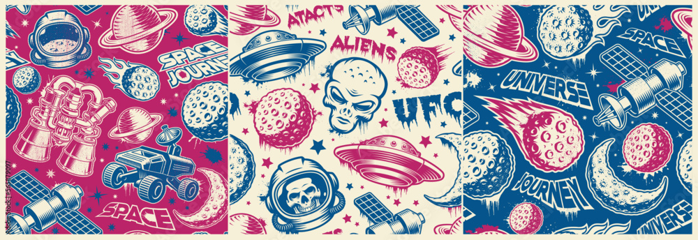 Naklejka premium Set of space seamless backgrounds with design elements such as flying saucer, alien, planets, space satellite, space rover, skull astronaut, rocket engine, asteroid