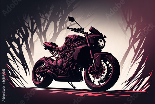 Motorcycle illustration long shadows deep blacks.