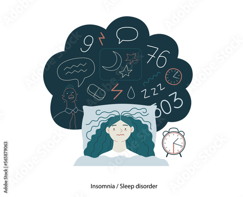 Mental disorders illustration. Insomnia, sleep disorder - modern flat vector illustration of a woman meeting with a sleep disorder trying to fall asleep. People emotional, psychological, mental