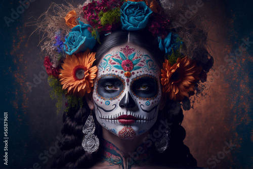Generative Ai of a woman representing Calavera Catrina with red flowers and skull painting. Day of the Dead concept. 