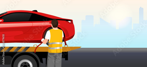 Red car transportation by tow truck. Service man in orange uniform with shovel part fixes wheel of car. Luxury vehicle wrecked in cityscape. Towing service help concept banner. Vector illustration