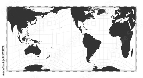 World map vector illustration. Gringorten square equal-area projection. Plain world geographical map with latitude and longitude lines. Centered to 120deg E longitude. Vector illustration.
