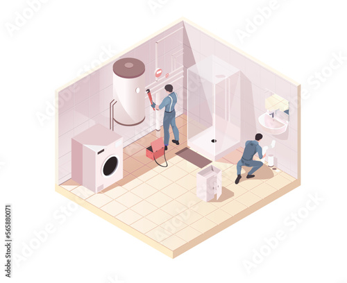 Bathroom renovation concept with professional plumbers installing pipeline fitting for heat boiler and sink drain line. Room repair service with fixing works in isometric 3d view. Vector illustration