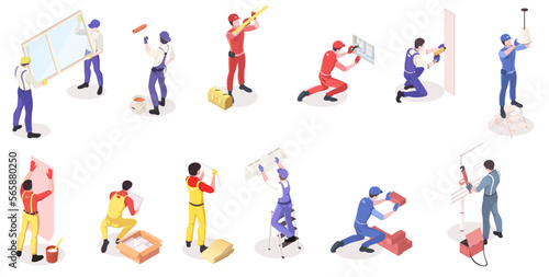 Set of repairman character icons for home renovation in 3d isometric view. Professional workers in uniform repairmen plumber, painter, specialist of installing, electrician, tiler. Vector illustration