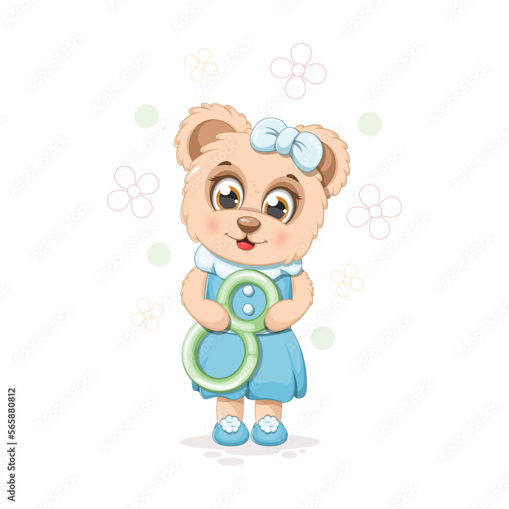 A cartoon cute bear with number 8