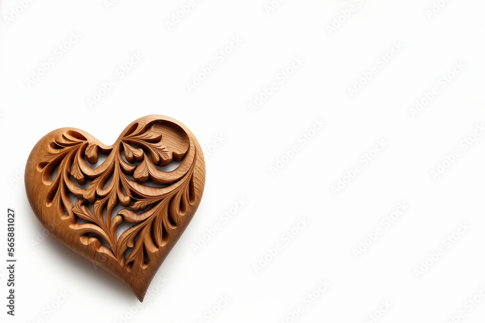 Liebe: Ein Herz aus Holz mit Verschnörkelungen im linken unteren Bereich auf hellem Hintergrund für Valtentinstag. Liebe: Ein Herz aus Holz mit Verschnörkelungen im linken unteren Bereich auf hellem Hintergrund für Valtentinstag.