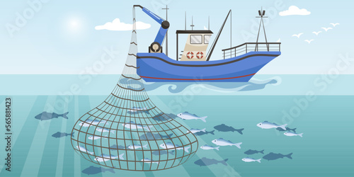 Commercial fishing ship with full fish big net. Cartoon fishing boat working in sea or ocean catching by seine seafood tuna, herring, sardine, salmon. Industry vessel in seascape. Vector illustration