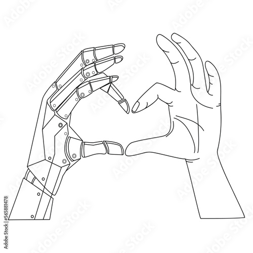 Bionic robot arm and human arm show heart together Line art drawing for logo,emblem,poster print template.Future technology and Artificial intelligence vector illustration.Robotic hand and human hand 