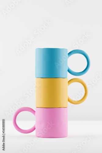 Mockups of three multicolored handmade clay cups on white background.