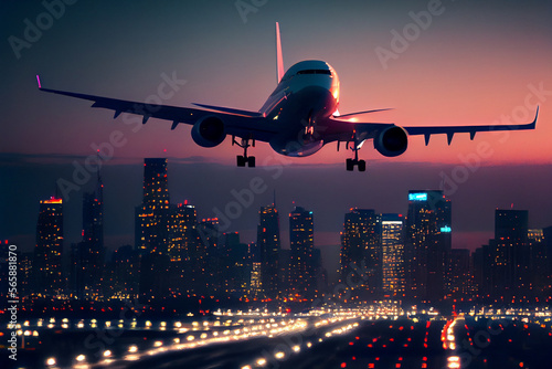 Ein Flugzeug fliegt über eine Großstadt mit wunderschöner Skyline - Generative Ai