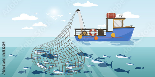 Commercial fishing ship with full fish big net. Cartoon fishing boat working in sea or ocean catching by seine seafood tuna, herring, sardine, salmon. Industry vessel in seascape. Vector illustration