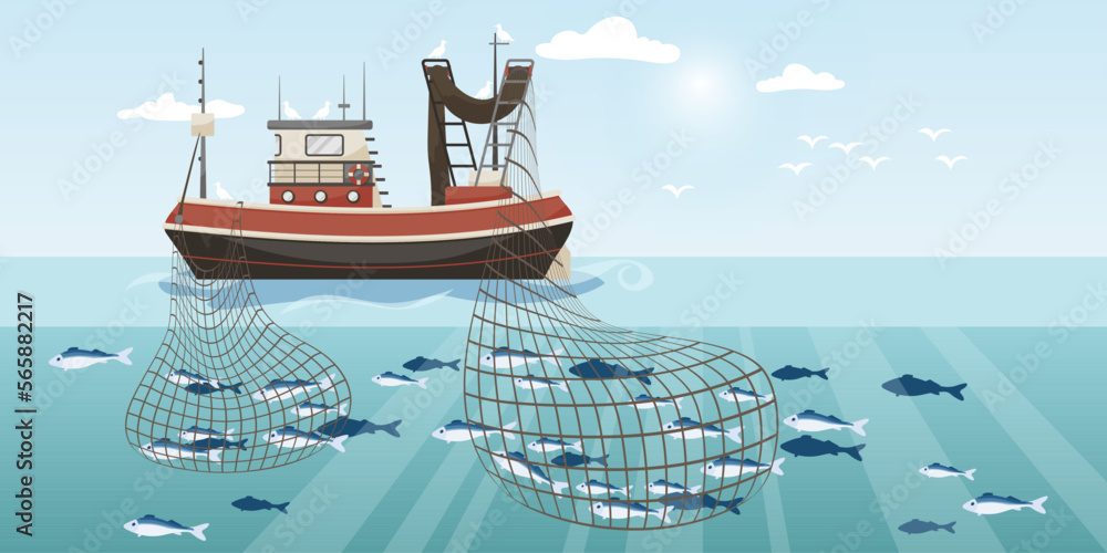 Commercial fishing ship with two full fish net. Cartoon fishing boat  working in sea or ocean catching by seine seafood tuna, herring, sardine,  salmon. Industry vessel in seascape. Vector illustration Stock Vector