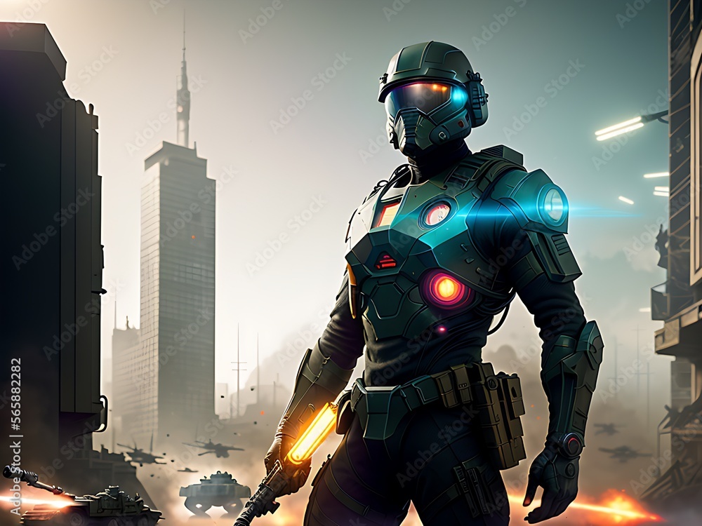 Naklejka premium Action-packed scene of a fully equipped soldier ready for battle in the middle of a war-torn city generated by generative ai 