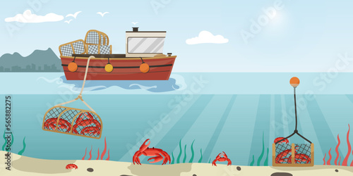 Commercial fishing ship with full fish net. Fishing boat with fisherman working in ocean catching by seine sea food: tuna, herring, sardine, salmon. Industry vessel in seascape. Vector illustration