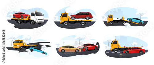 Set of car accident on country slippery road in winter. Template banner safe driving concept. Towing service help. Broken vehicle with crash of bonnet, bumper and damage engine. Vector illustration