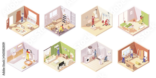 Set of renovation concept with professional team of repair men. Plumbers fix pipelines. Painter paints wall. Contractor specialist indoor home. Room repair service isometric view. Vector illustration