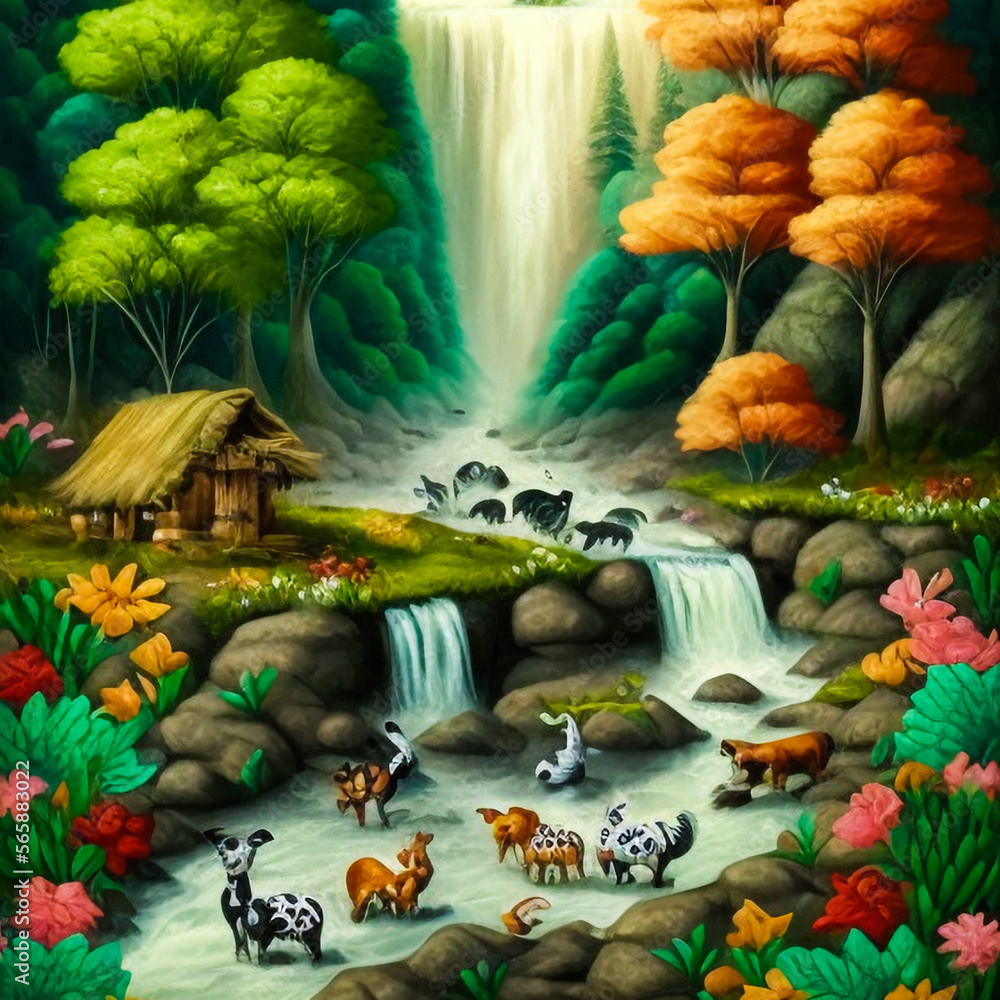 Fototapeta premium Nature, landscape natural background, forest and trees. Drawings from of summer and spring.Generative ai.