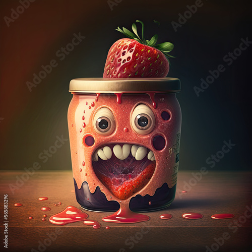 Strawberry character squished in to a jar, jam, fresh, delicious recipe, generative ai photo