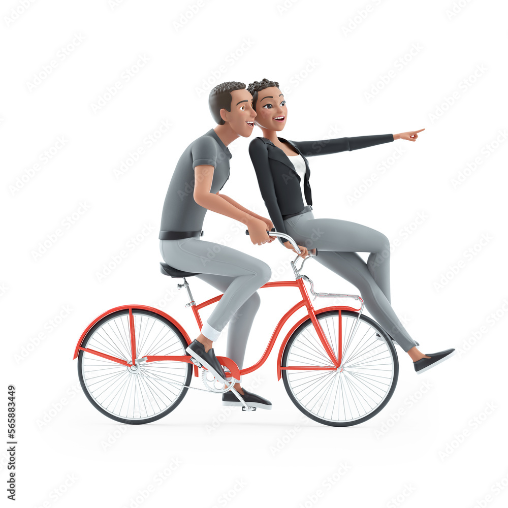 3d character man and woman riding on bike together