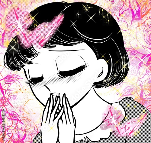 きゅん死にしそうな黒髪大きな瞳の美少女昭和レトロ風少女漫画イラストと花園背景	 photo