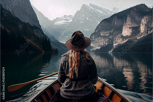 Girl back is sailing on a boat in mountain lake. Illustration AI Generative © olegganko