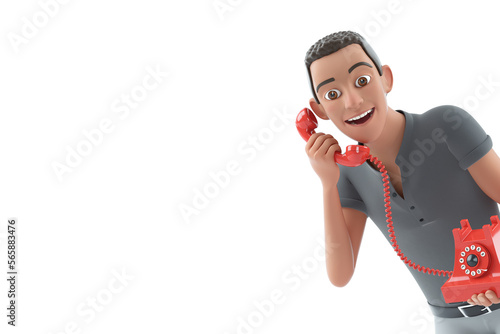 3d portrait character man talking on retro phone
