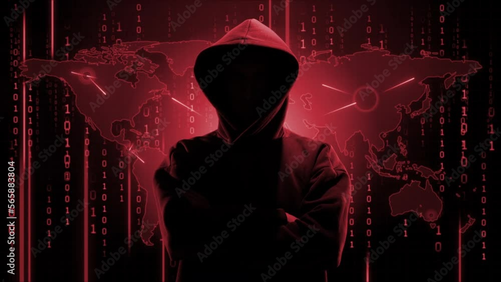 Portrait of computer hacker in hoodie. Obscured dark face. Data thief, internet fraud, darknet and cyber security concept.