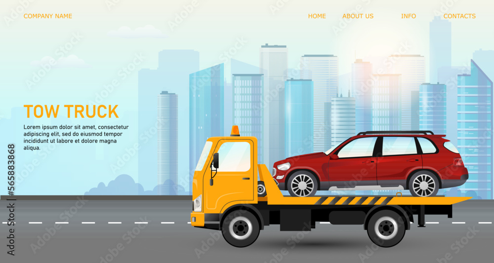 Red new car transportation by tow truck to sell on dealership center. Yellow vehicle evacuator in cityscape. Towing service help concept banner. Skyscraper buildings on background. Vector illustration
