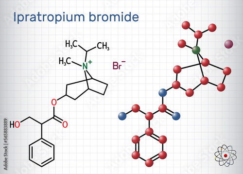 Ipratropium bromide molecule. It is bronchodilator, antispasmodic, anticholinergic drug. Structural chemical formula and molecule model. Sheet of paper in a cage