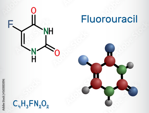 Fluorouracil, 5-FU molecule. It is pyrimidine analog, cytotoxic chemotherapy medication used to treat cancer. Structural chemical formula, molecule model.