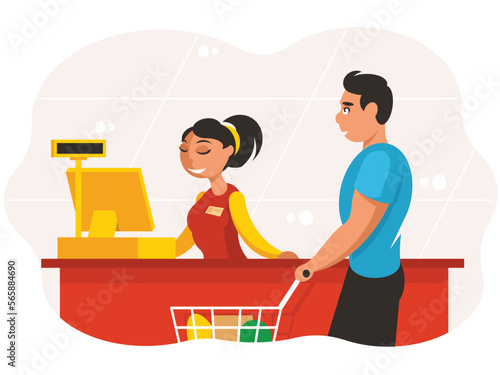 Cashier punches goods at checkout. A man buys groceries in a supermarket. Vector illustration