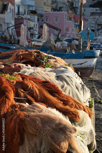 Colorful fishing nets on Marina Corricella on Procida Island, Bay of Naples, Italy. © erika8213