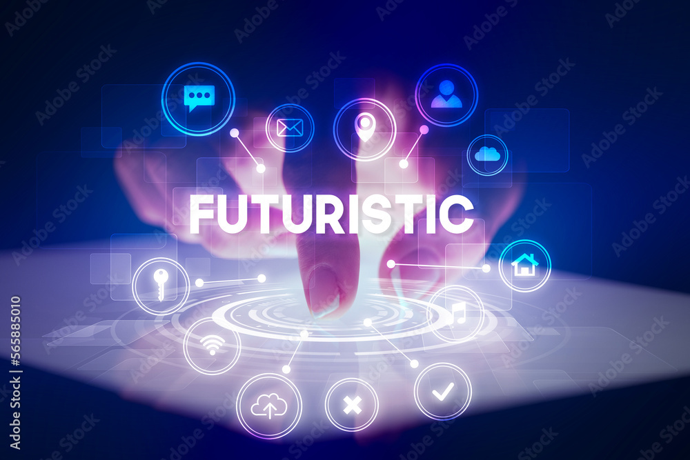 Finger touching tablet with web technology icons concept Finger touching tablet with web technology icons concept