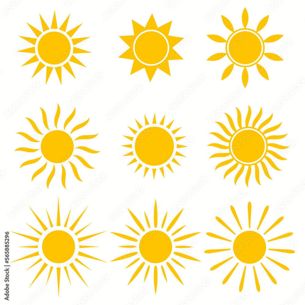 Sun icons. Sunshine, hot summer and sunrise symbols, gold sunlight circles, solar and sunny weather signs vector set Sun icons. Sunshine, hot summer and sunrise symbols, gold sunlight circles, solar and sunny weather signs vector set