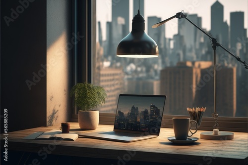 laptop on table ,city view, ai generated
