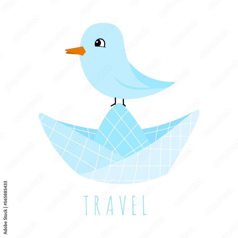 Cartoon dove bird on a paper boat. Cute illustration, travelling concept. Cartoon dove bird on a paper boat. Cute illustration, travelling concept.
