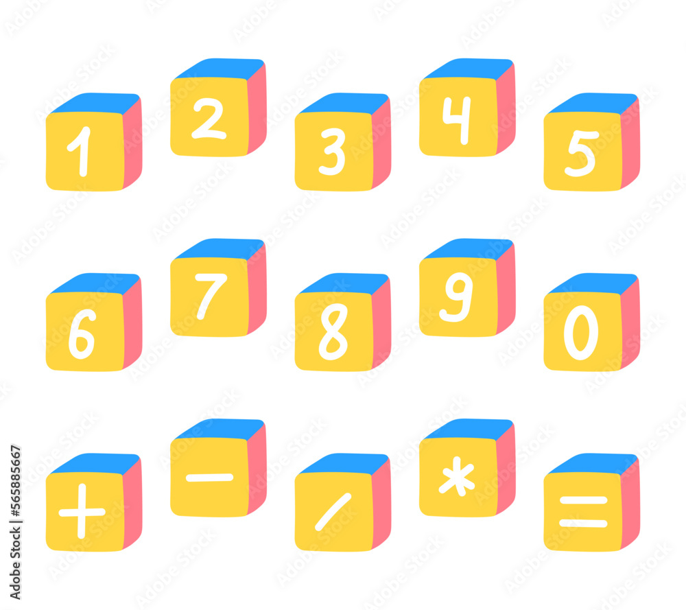 Cartoon 3D cute cube mathematics numbers for preschool kids. Vector colorful educational symbols set. Cartoon 3D cute cube mathematics numbers for preschool kids. Vector colorful educational symbols set.