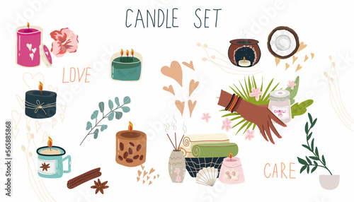 Various candles set, hand drawn, vector. Various shapes and sizes. Candle in a glass jar, aroma lamp, candle in a container, multiwick. Decorative wax candles for relaxation and spa.