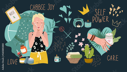A set of design elements on the theme of personal care: a girl, a heart, a mask, a candle, a flower. Flat cartoon vector illustration, hand drawn style. Concept of self love, health, beauty.