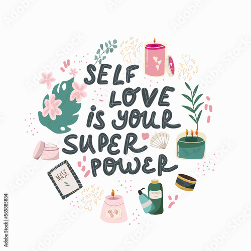 Motivational lettering illustration of a girl s self-image on dark background. Love yourself  relax  show love to the body. Hopeful message  print for clothes.