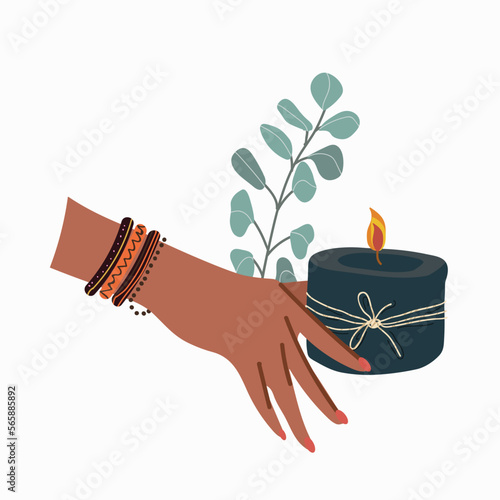 Scented cozy candle. Hygge time. Aromatherapy and relaxation. Hand drawn flat vector. Decorative wax candle for relax and spa. 