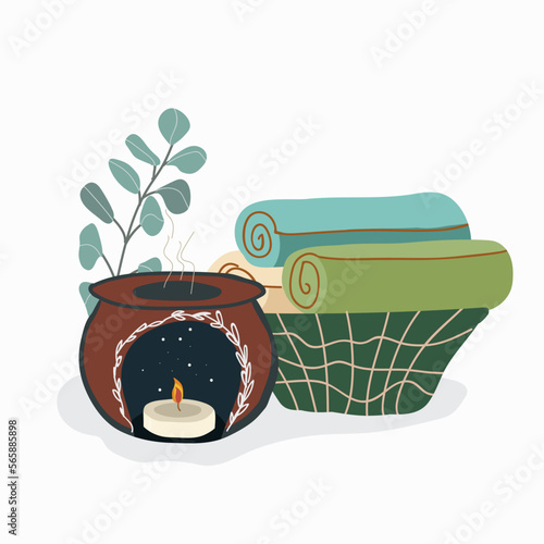 Scented cozy candle. Hygge time. Aromatherapy and relaxation. Hand drawn flat vector. Decorative wax candle for relax and spa. 