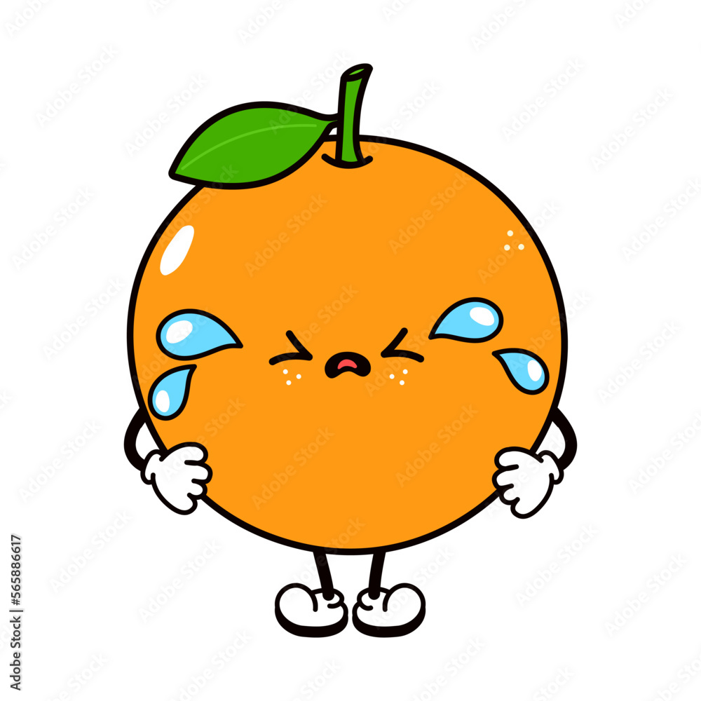 Cute funny crying sad orange fruit character. Vector hand drawn traditional cartoon vintage, retro, kawaii character illustration icon. Isolated white background. Cry orange fruit character concept Cute funny crying sad orange fruit character. Vector hand drawn traditional cartoon vintage, retro, kawaii character illustration icon. Isolated white background. Cry orange fruit character concept