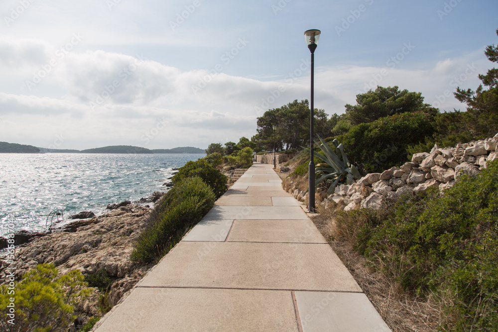 Lighted beautifully paved seafront promenade with stone wall and pinewood connecting the harbor and resort town of Hvar,Croatia and offering great views to the Pakleni islands along the rocky coast