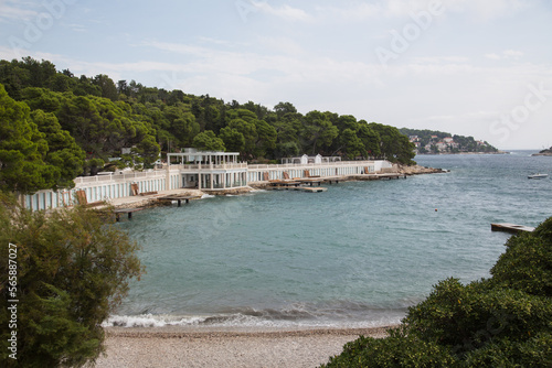 Fototapeta Naklejka Na Ścianę i Meble -  View from the Bonj beach to a beach club on the island Hvar, Croatia