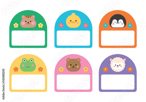 A collection of cute name label designs with animal character concepts. Squirrel, cat, frog, rabbit, mouse, penguin, bear, pig, duck illustrations. Can be used in schools, kindergartens.