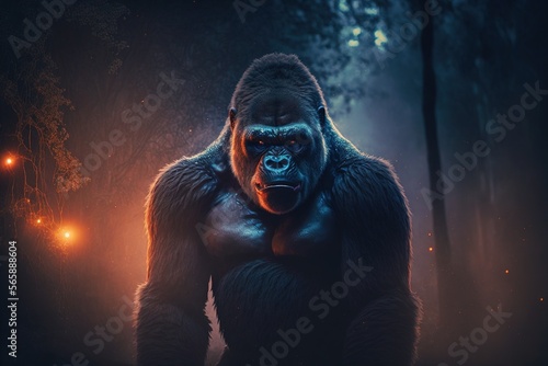 A close-up of a gorilla isolated in a dark glowing forest background, good for digital design or print generative ai