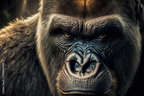 A close-up of an angry gorilla face isolated in a dark background, good for digital design or prints generative ai © Arisctur